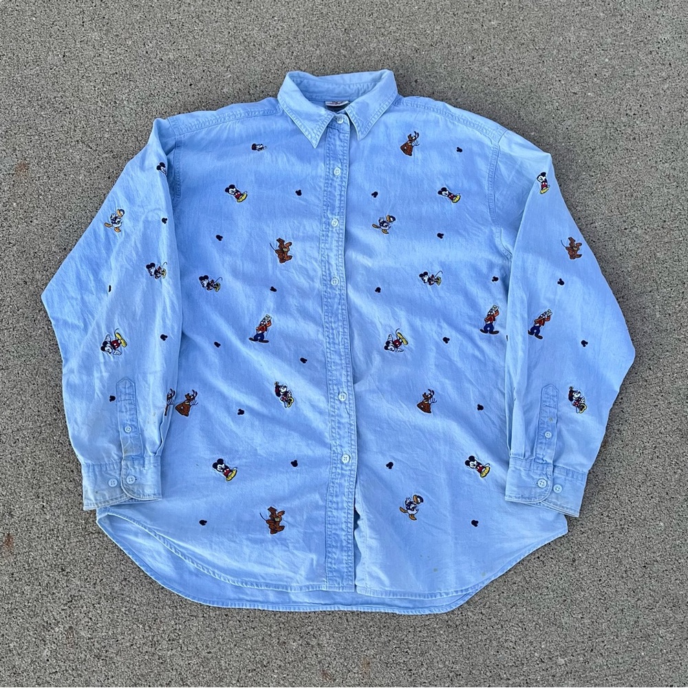 Vintage 90s Disney Store Embroidered Denim Shirt Mickey Goofy Donald AOP 2XL